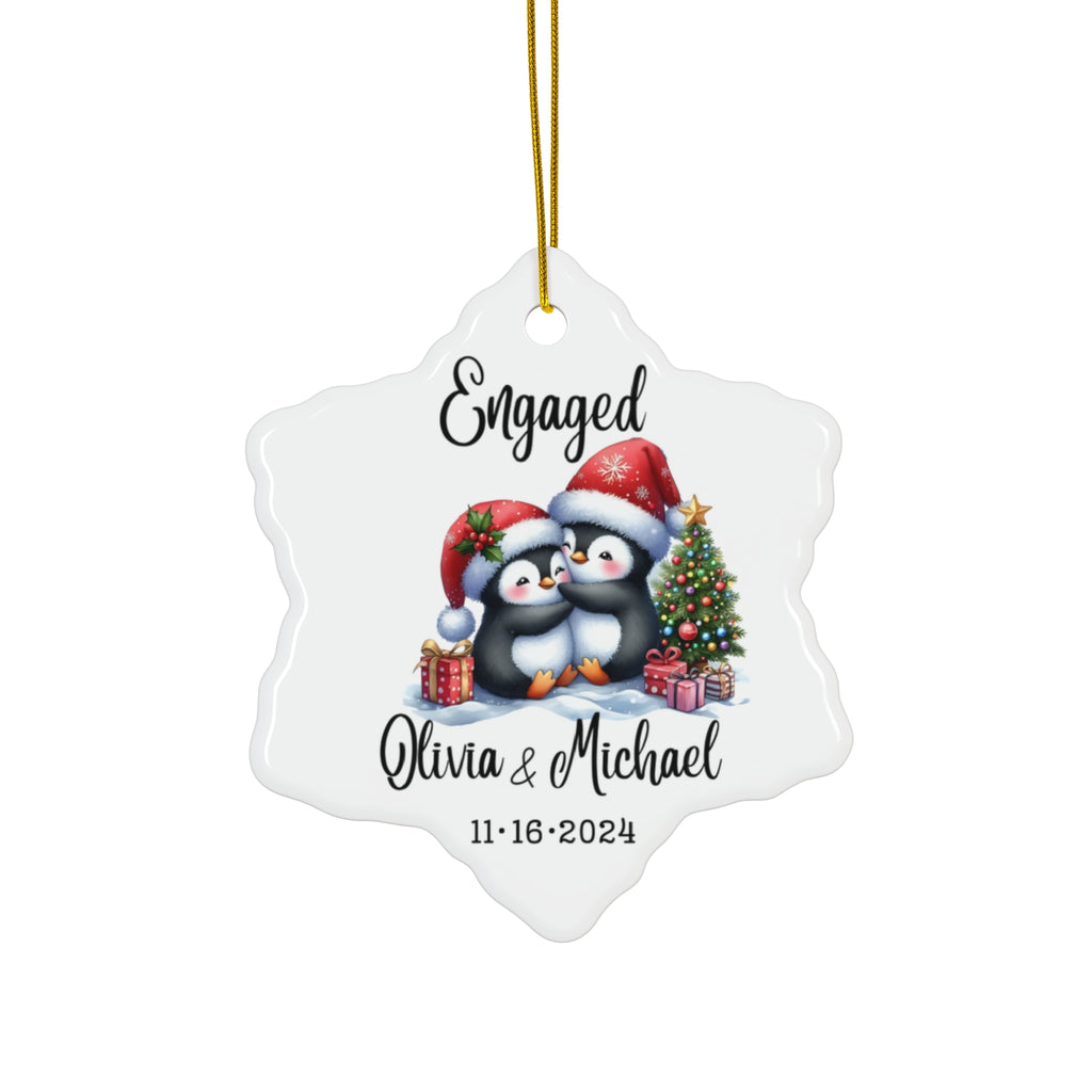 Engaged Penguin Christmas Ornament — Personalized Ceramic Star Ornament with Names & Date