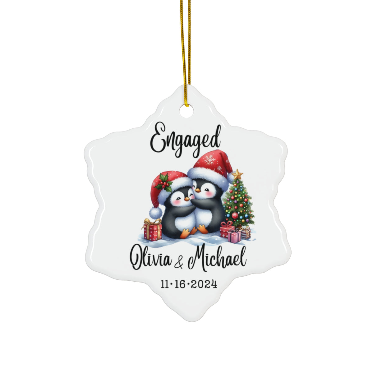 Engaged Penguin Christmas Ornament — Personalized Ceramic Star Ornament with Names & Date