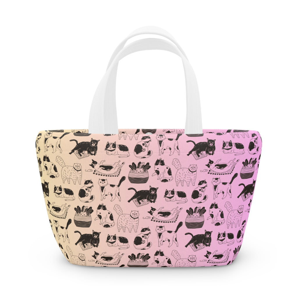 Cat Pattern Lunch Bag — Pastel Gradient Cute Kitty Tote for School & Work