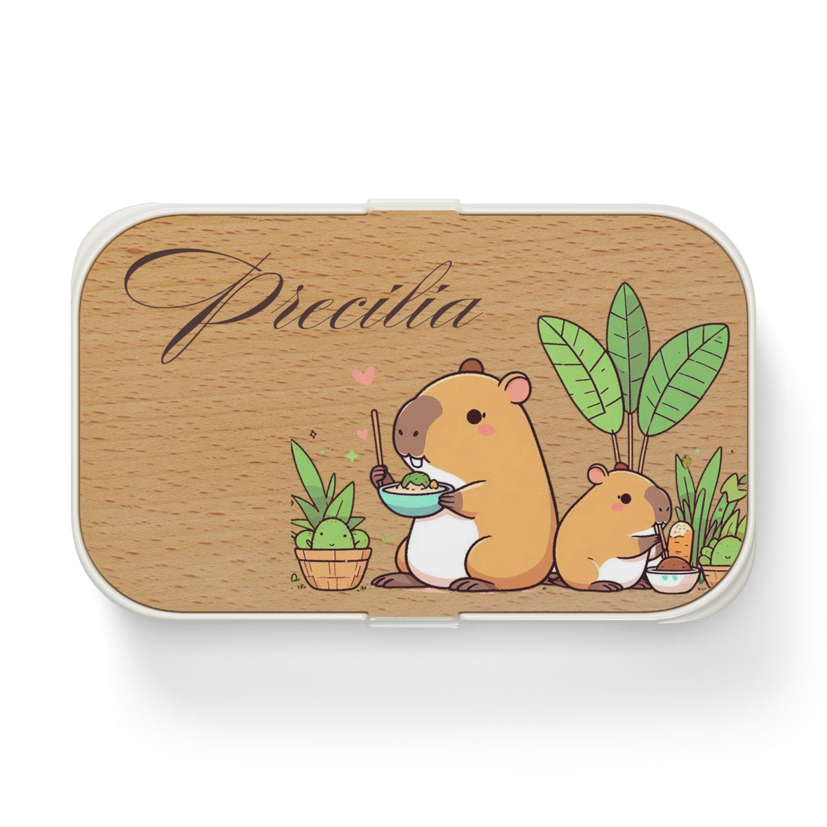 Cute Custom Name Capybara Bento Lunch Box – Personalized Wooden-Print Lunchbox