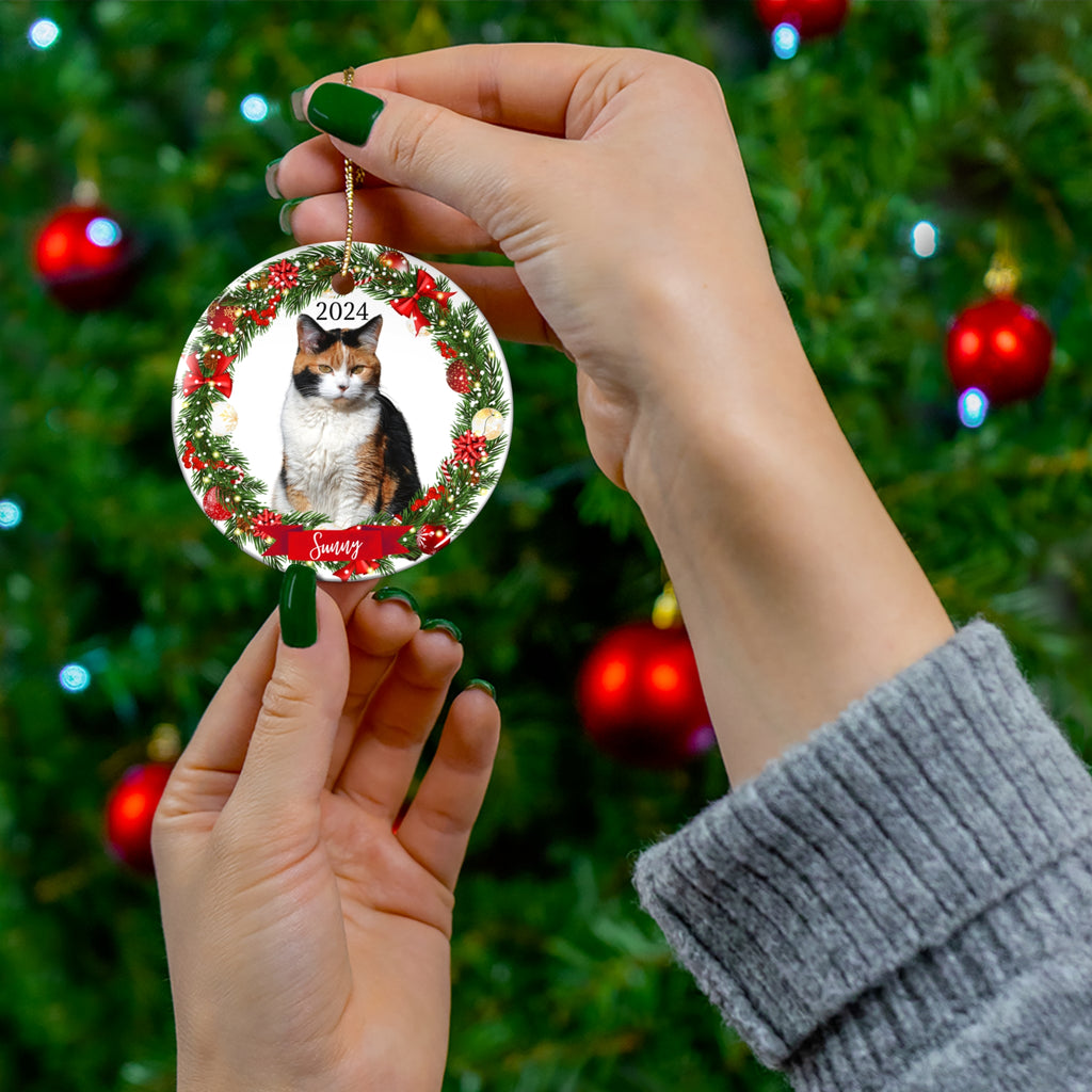 Personalized 2024 Ceramic Christmas Ornament — Custom Pet Photo with Wreath