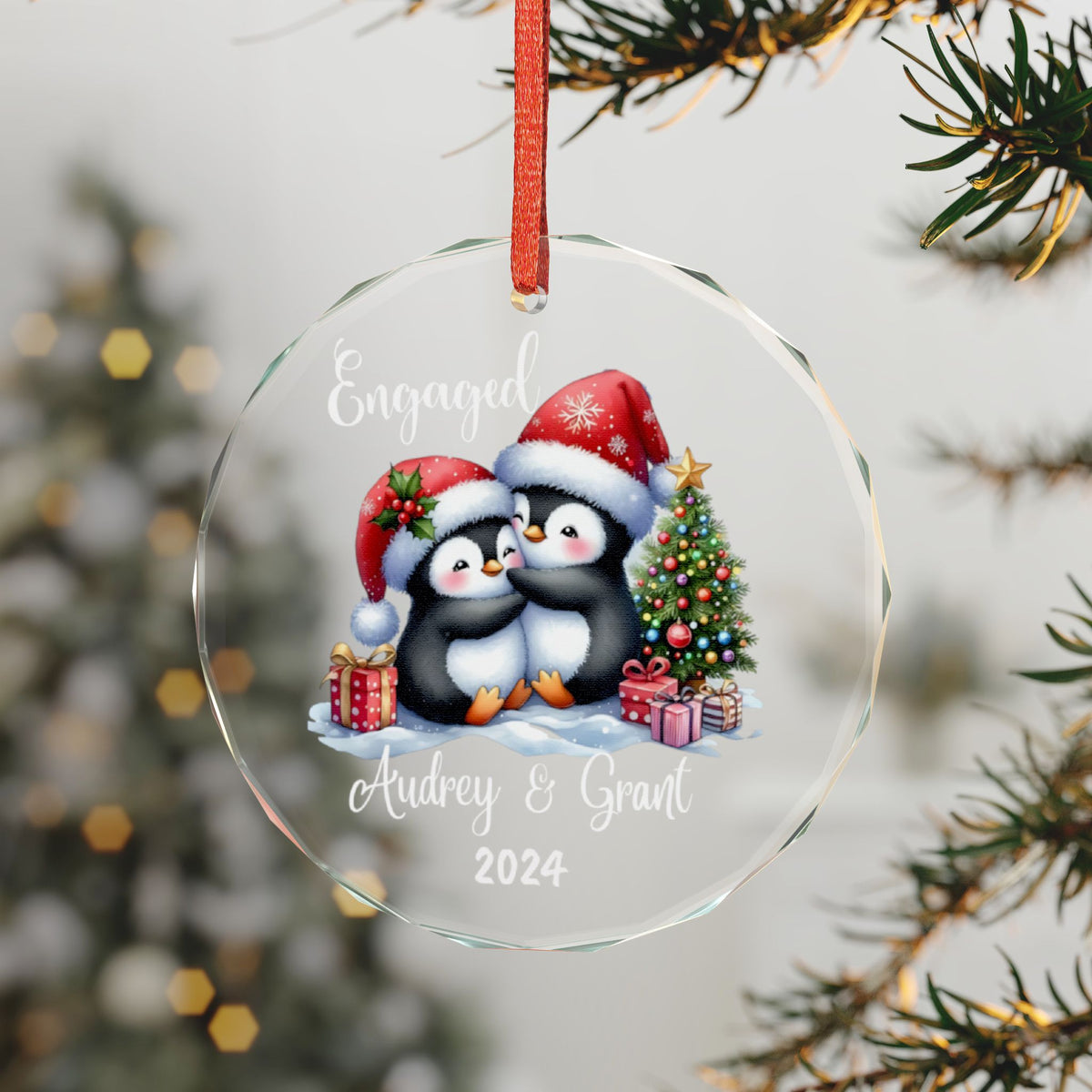 Custom Couple Christmas Ornament – Personalized Penguin Ornament, Heart or Round Engagement Gift