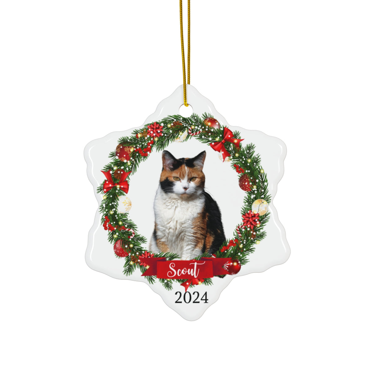 Personalized 2024 Ceramic Christmas Ornament — Custom Pet Photo with Wreath