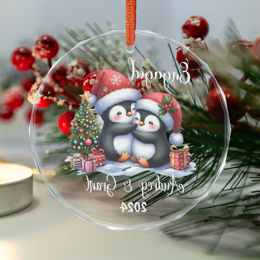 Custom Couple Christmas Ornament – Personalized Penguin Ornament, Heart or Round Engagement Gift