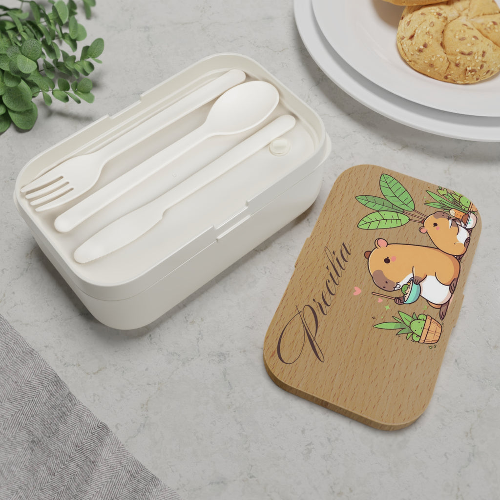 Cute Custom Name Capybara Bento Lunch Box – Personalized Wooden-Print Lunchbox