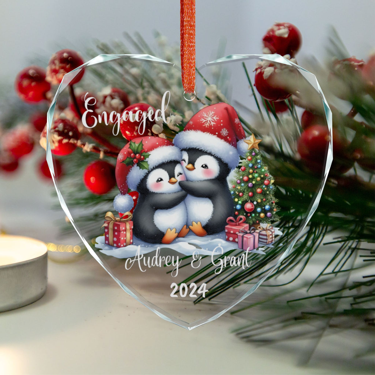 Custom Couple Christmas Ornament – Personalized Penguin Ornament, Heart or Round Engagement Gift