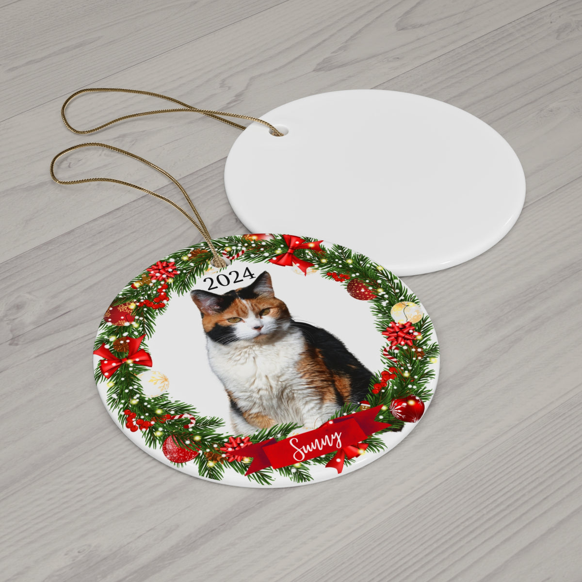 Personalized 2024 Ceramic Christmas Ornament — Custom Pet Photo with Wreath