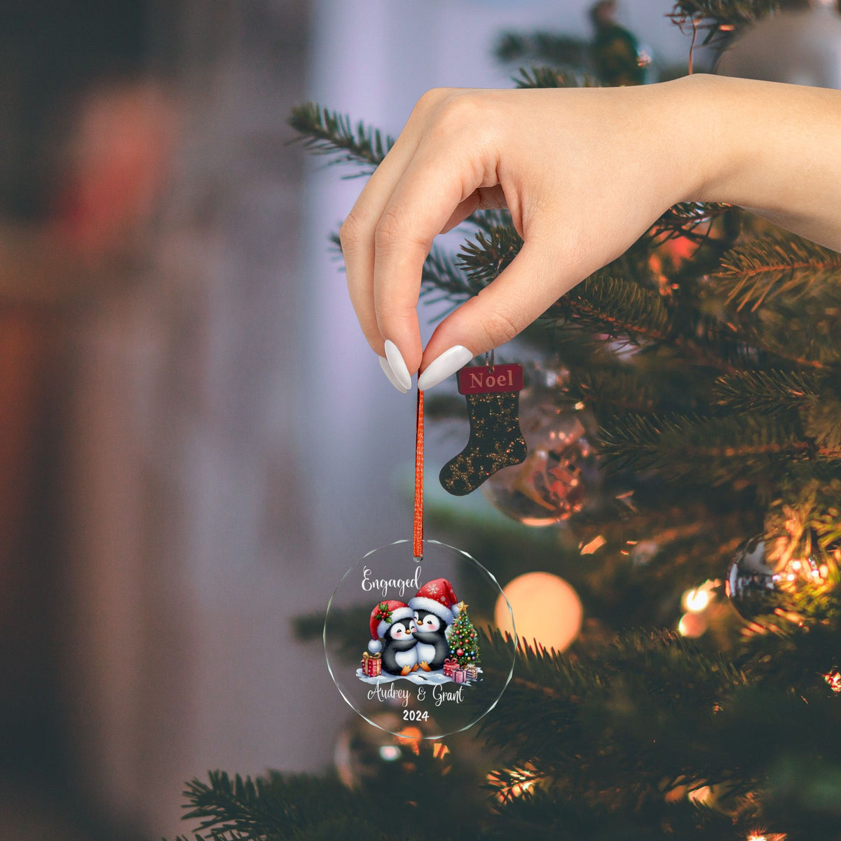 Custom Couple Christmas Ornament – Personalized Penguin Ornament, Heart or Round Engagement Gift