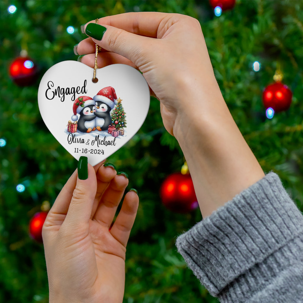 Engaged Penguin Christmas Ornament — Personalized Ceramic Star Ornament with Names & Date