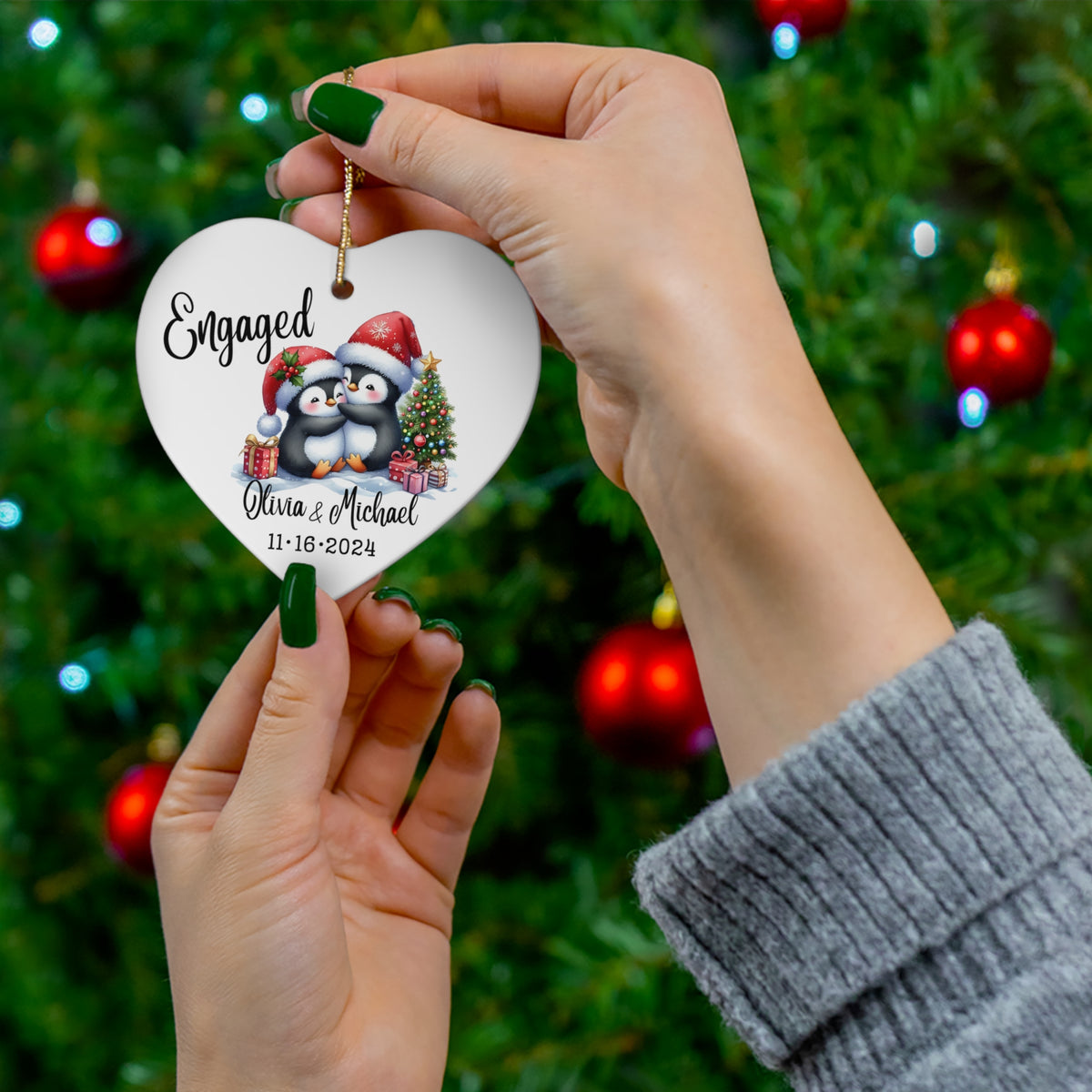 Engaged Penguin Christmas Ornament — Personalized Ceramic Star Ornament with Names & Date