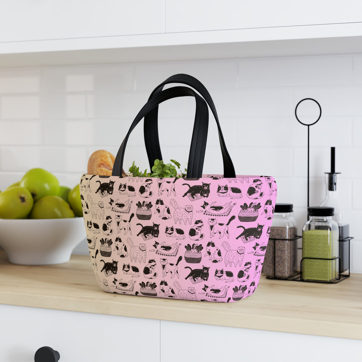 Cat Pattern Lunch Bag — Pastel Gradient Cute Kitty Tote for School & Work