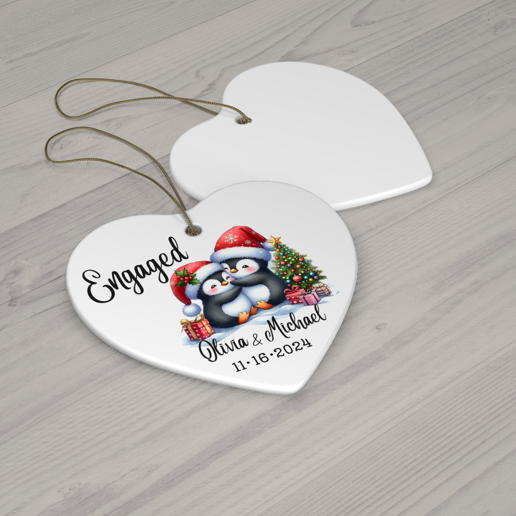 Engaged Penguin Christmas Ornament — Personalized Ceramic Star Ornament with Names & Date