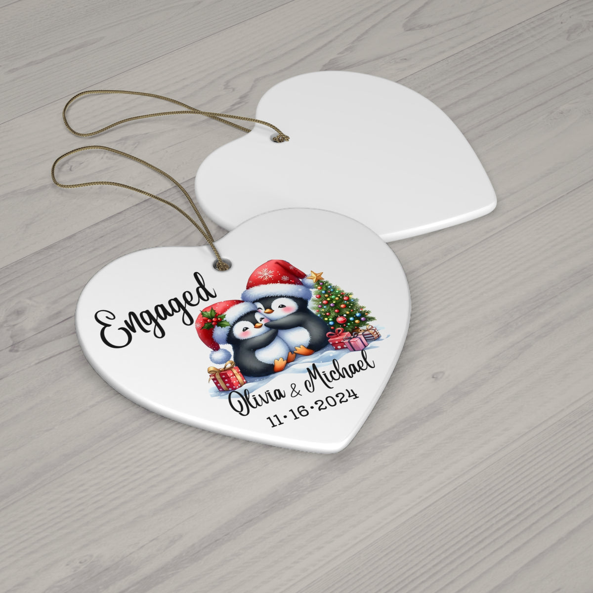 Engaged Penguin Christmas Ornament — Personalized Ceramic Star Ornament with Names & Date