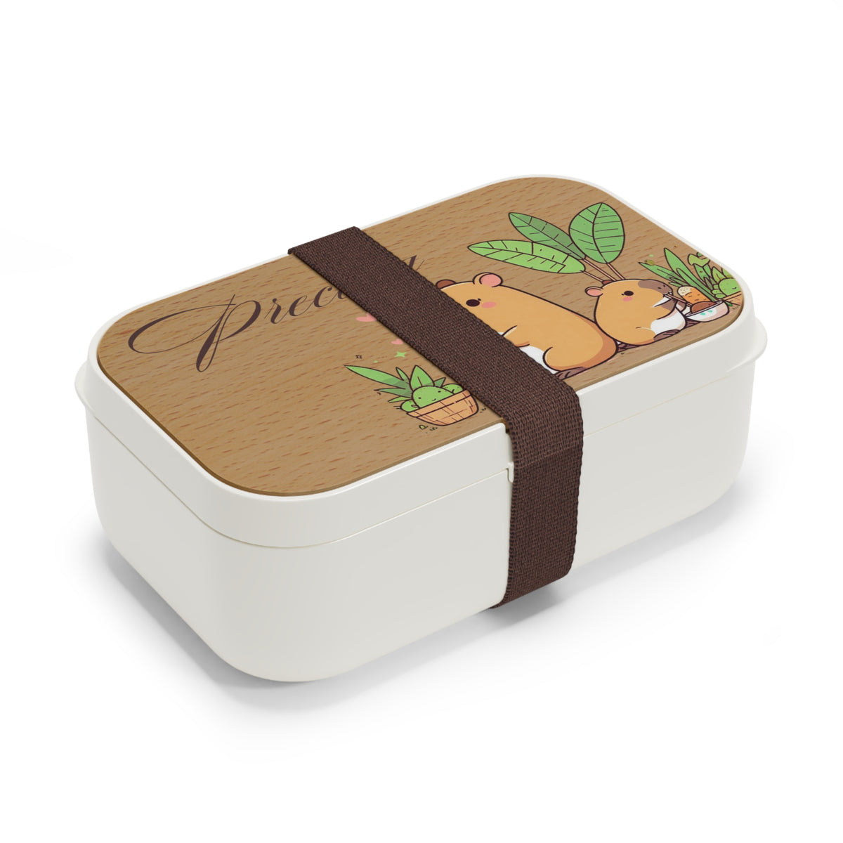 Cute Custom Name Capybara Bento Lunch Box – Personalized Wooden-Print Lunchbox