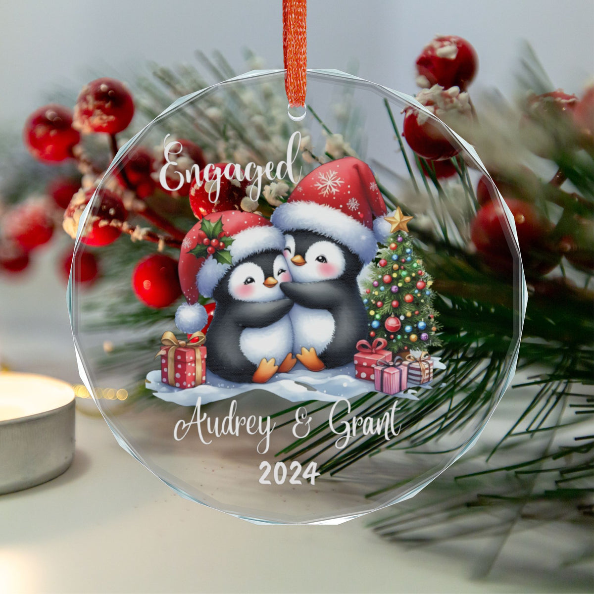 Custom Couple Christmas Ornament – Personalized Penguin Ornament, Heart or Round Engagement Gift