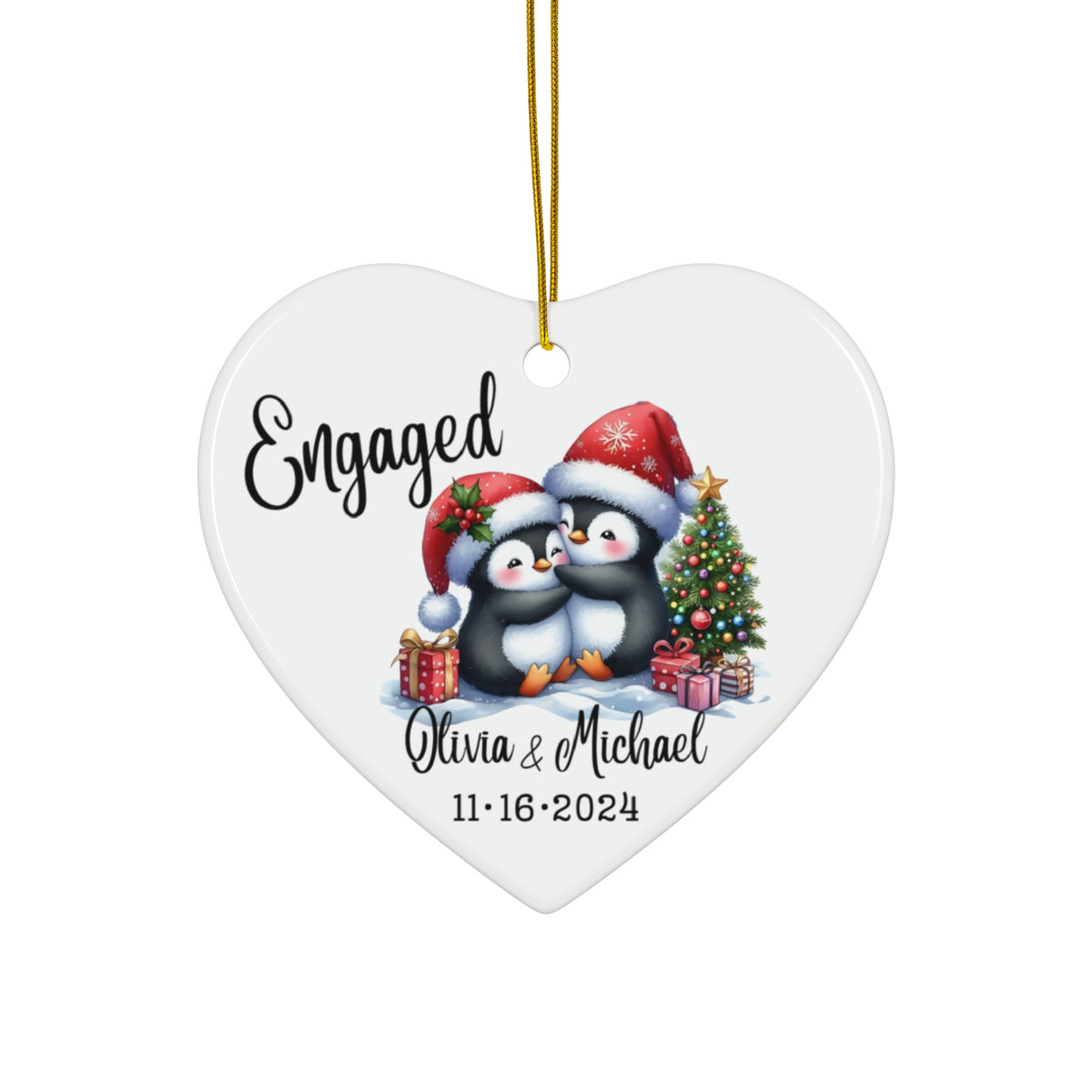 Engaged Penguin Christmas Ornament — Personalized Ceramic Star Ornament with Names & Date