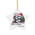 Engaged Penguin Christmas Ornament — Personalized Ceramic Star Ornament with Names & Date