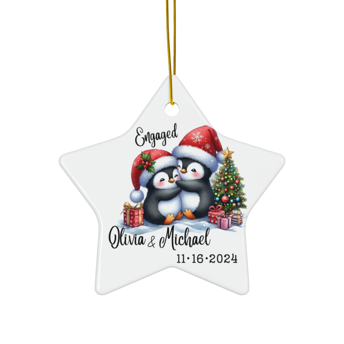 Engaged Penguin Christmas Ornament — Personalized Ceramic Star Ornament with Names & Date