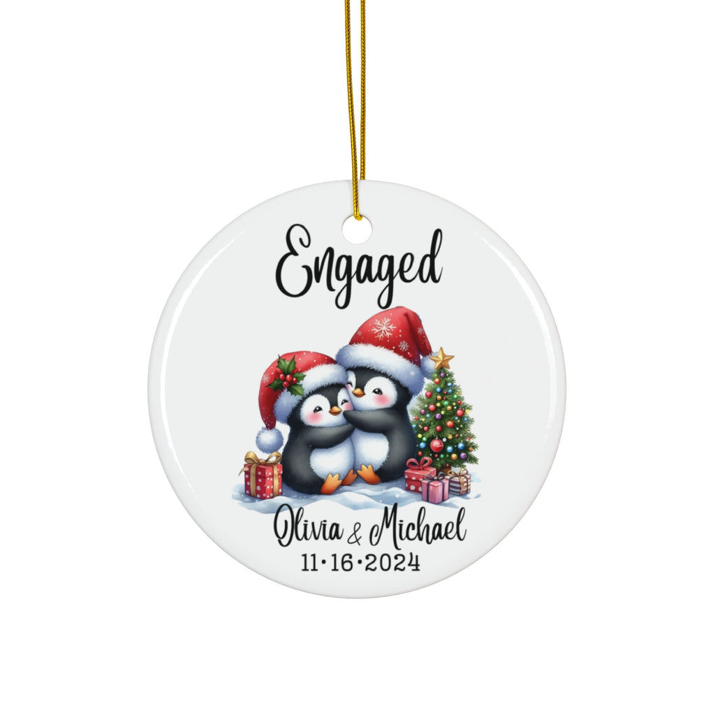 Engaged Penguin Christmas Ornament — Personalized Ceramic Star Ornament with Names & Date