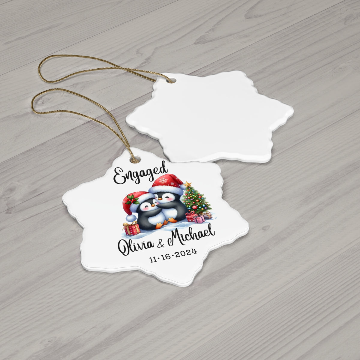 Engaged Penguin Christmas Ornament — Personalized Ceramic Star Ornament with Names & Date