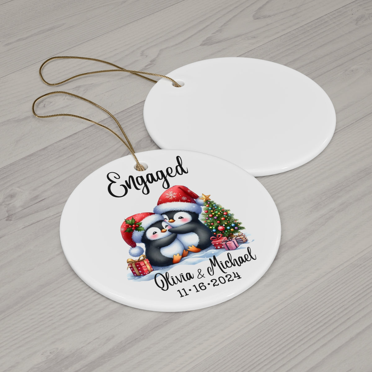 Engaged Penguin Christmas Ornament — Personalized Ceramic Star Ornament with Names & Date