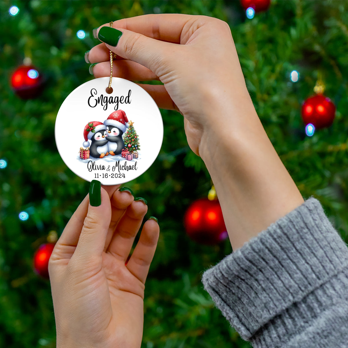 Engaged Penguin Christmas Ornament — Personalized Ceramic Star Ornament with Names & Date