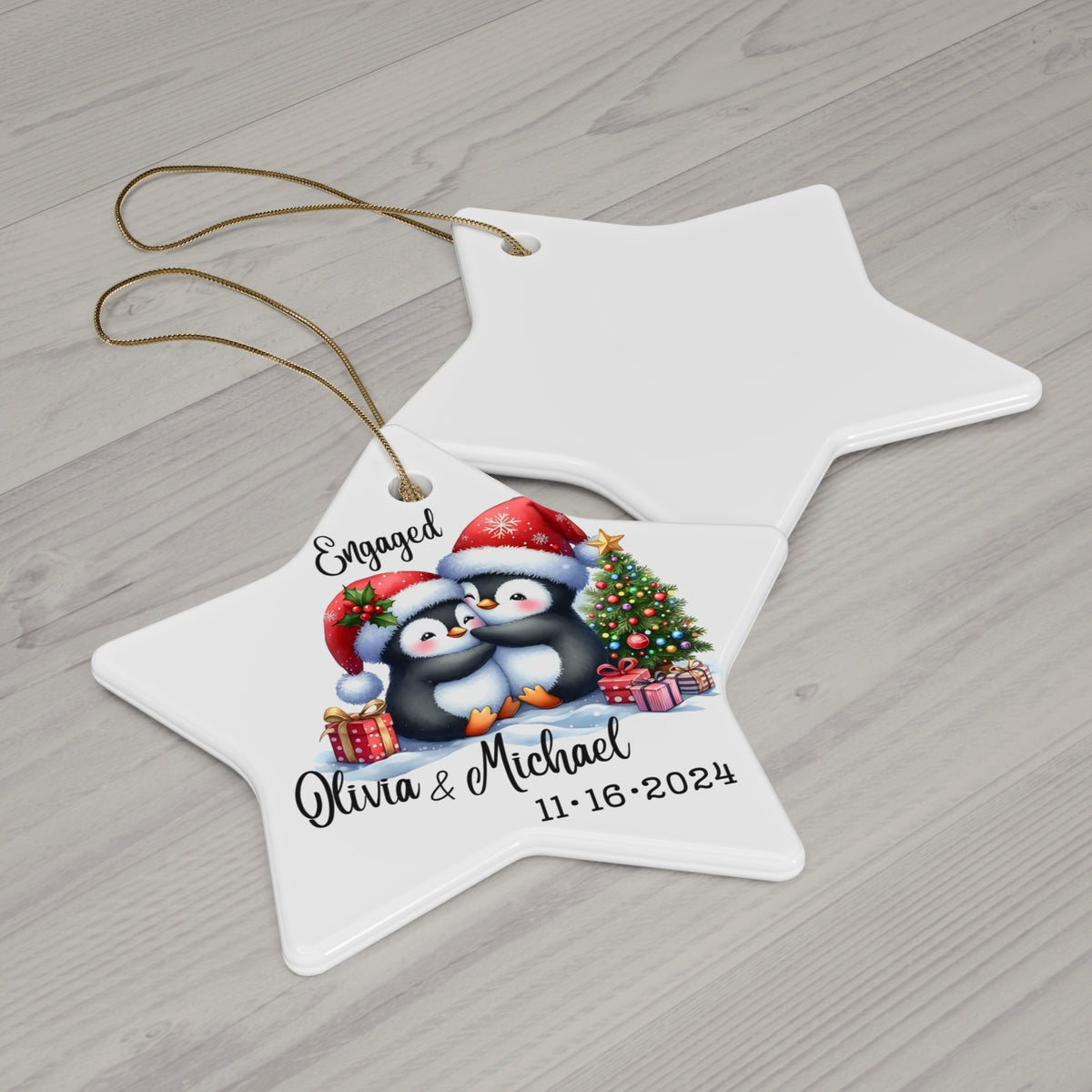 Engaged Penguin Christmas Ornament — Personalized Ceramic Star Ornament with Names & Date